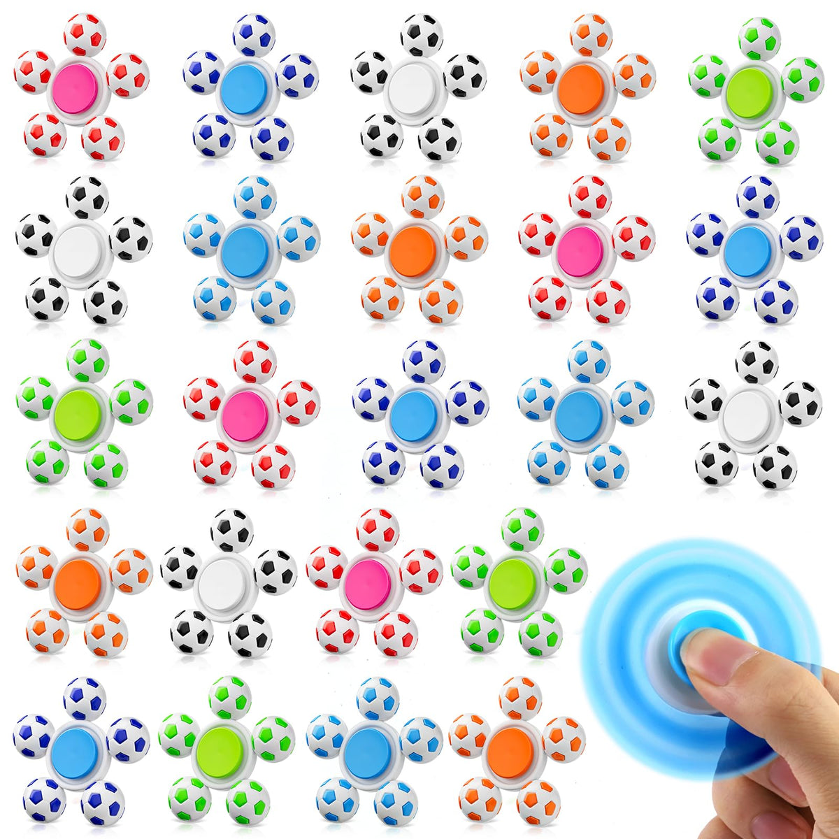 Gigilli soccer-spinner bulk pack with vibrant soccer-ball designs for classrooms and parties.