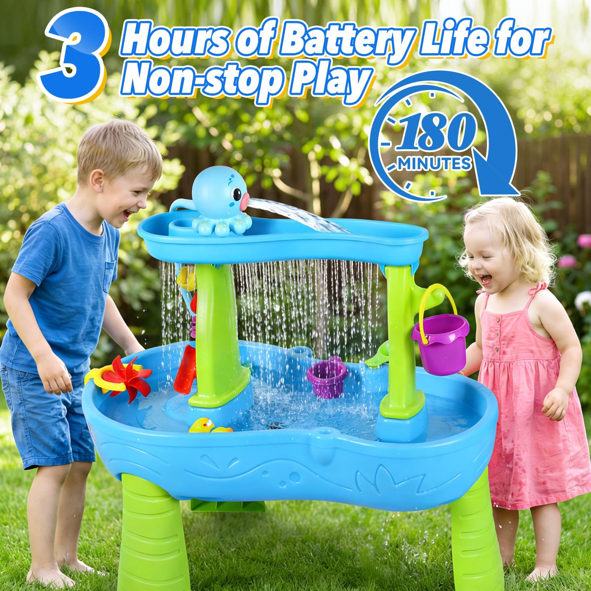 Gigilli water table pump in action delivering strong flow for energetic splashes.
