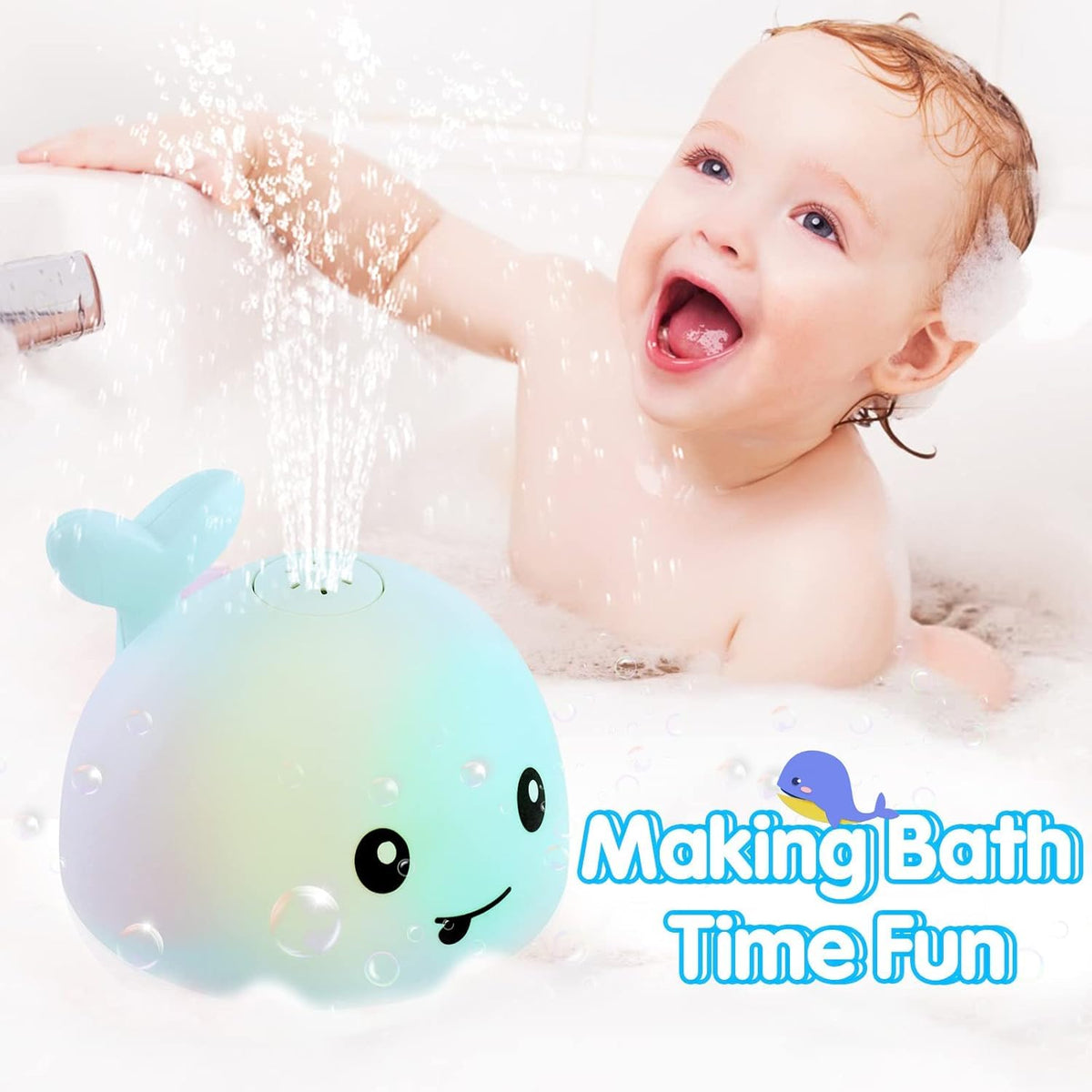 Gigilli whale bath toy in tub captures attention during bath time.