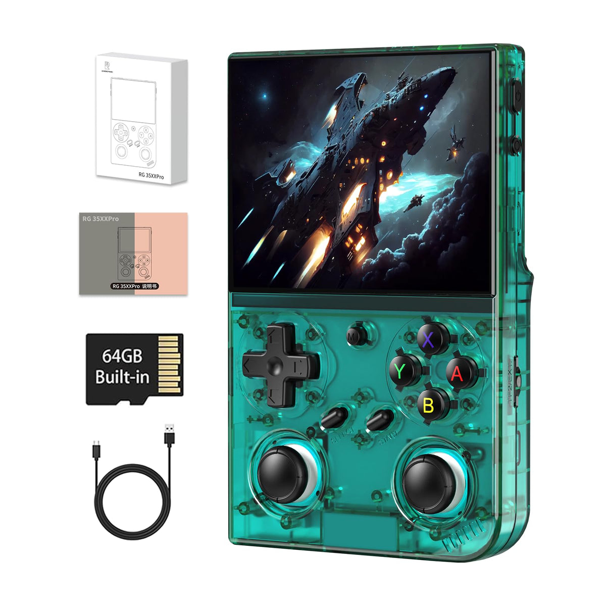 GiipGoop RG35XX Pro front teal view showcases portable retro gaming on the go.
