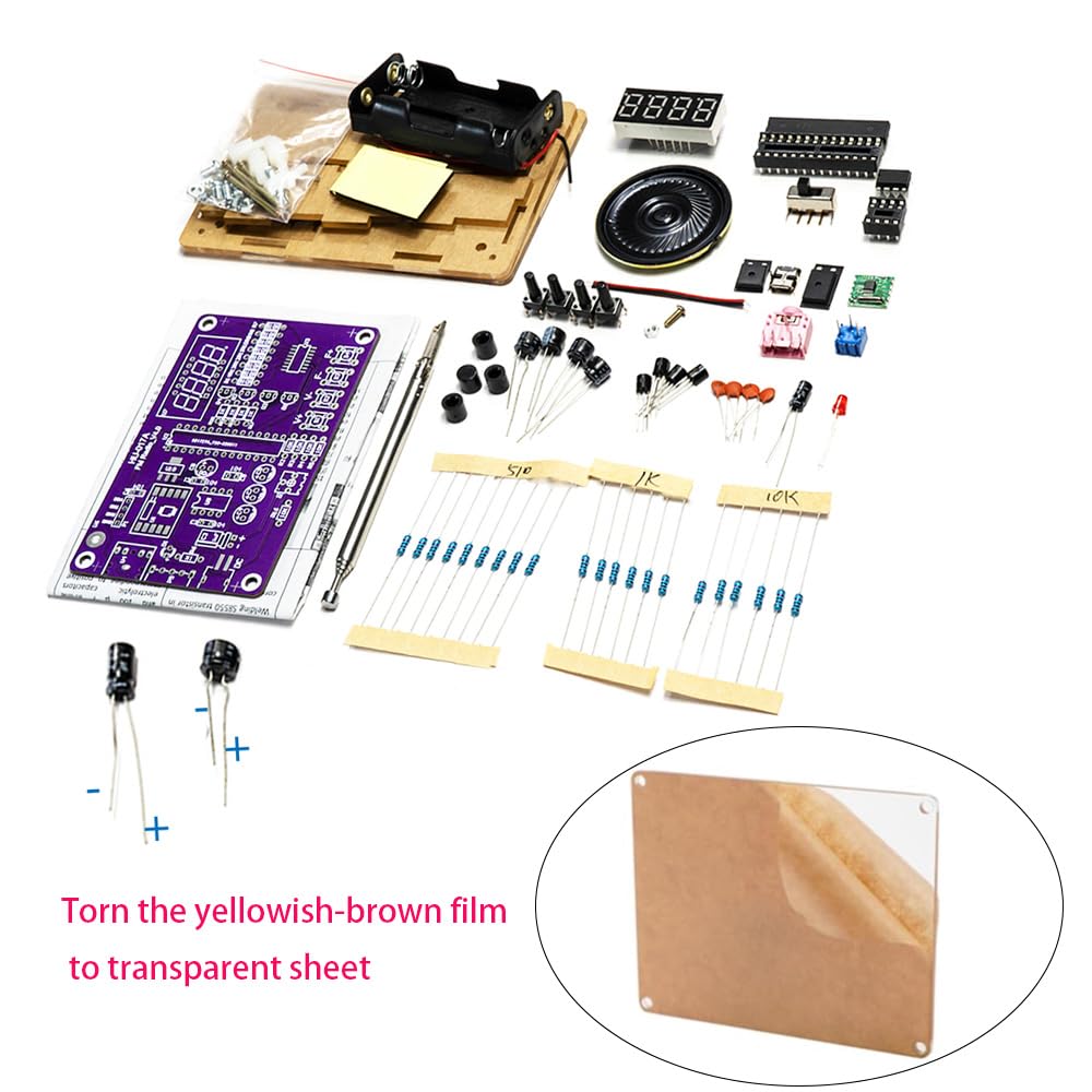 Gikfun FM Radio Kit on a workbench during soldering practice session.