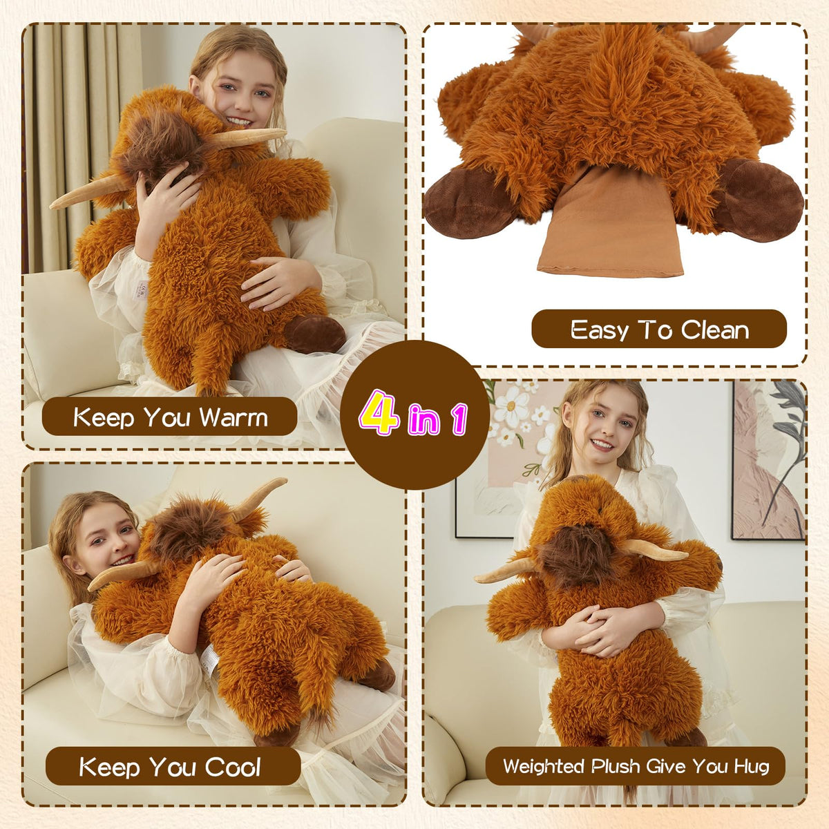 GILFWM Highland Cow weighted plush hug-back feel with balanced weight.