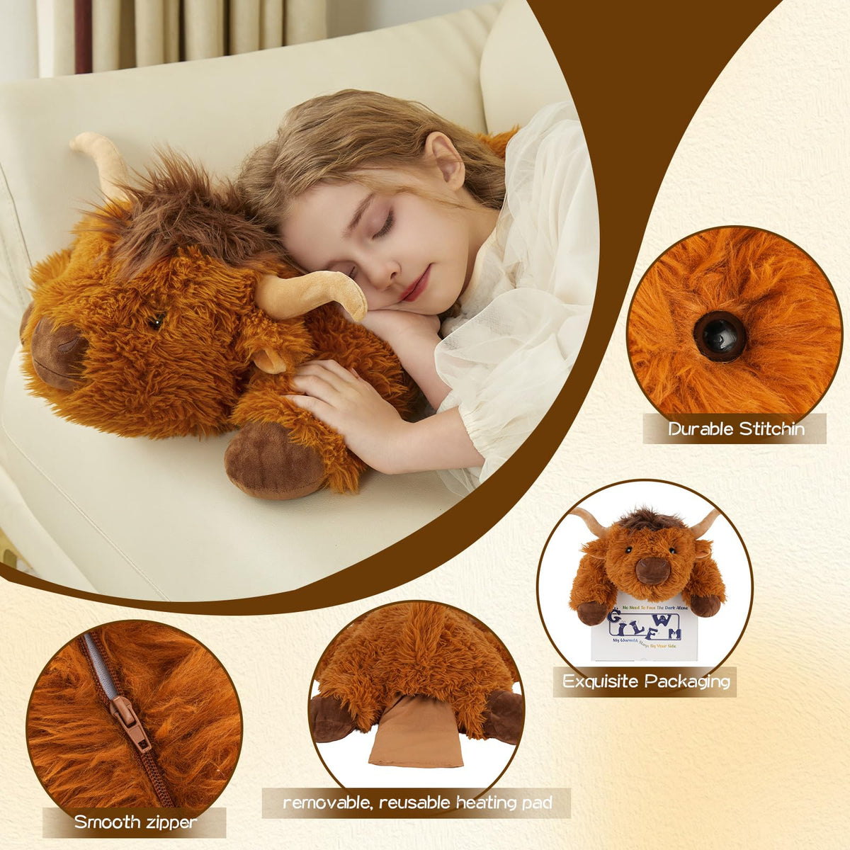 GILFWM Highland Cow weighted plush washable cover for easy cleaning.