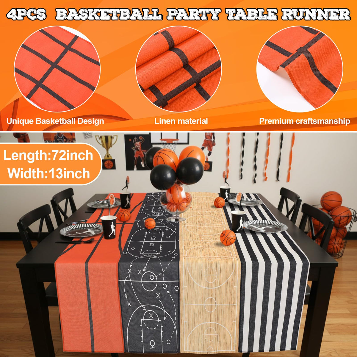 Gilprop basketball table runner style B adds vibrant ambiance for sports events and dining.