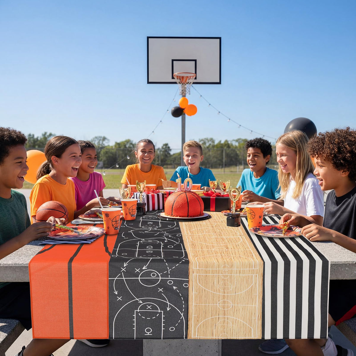 Gilprop basketball table runner style E elevates table centerpieces and keeps spills away.