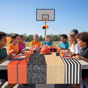 Gilprop basketball table runner style E elevates table centerpieces and keeps spills away.