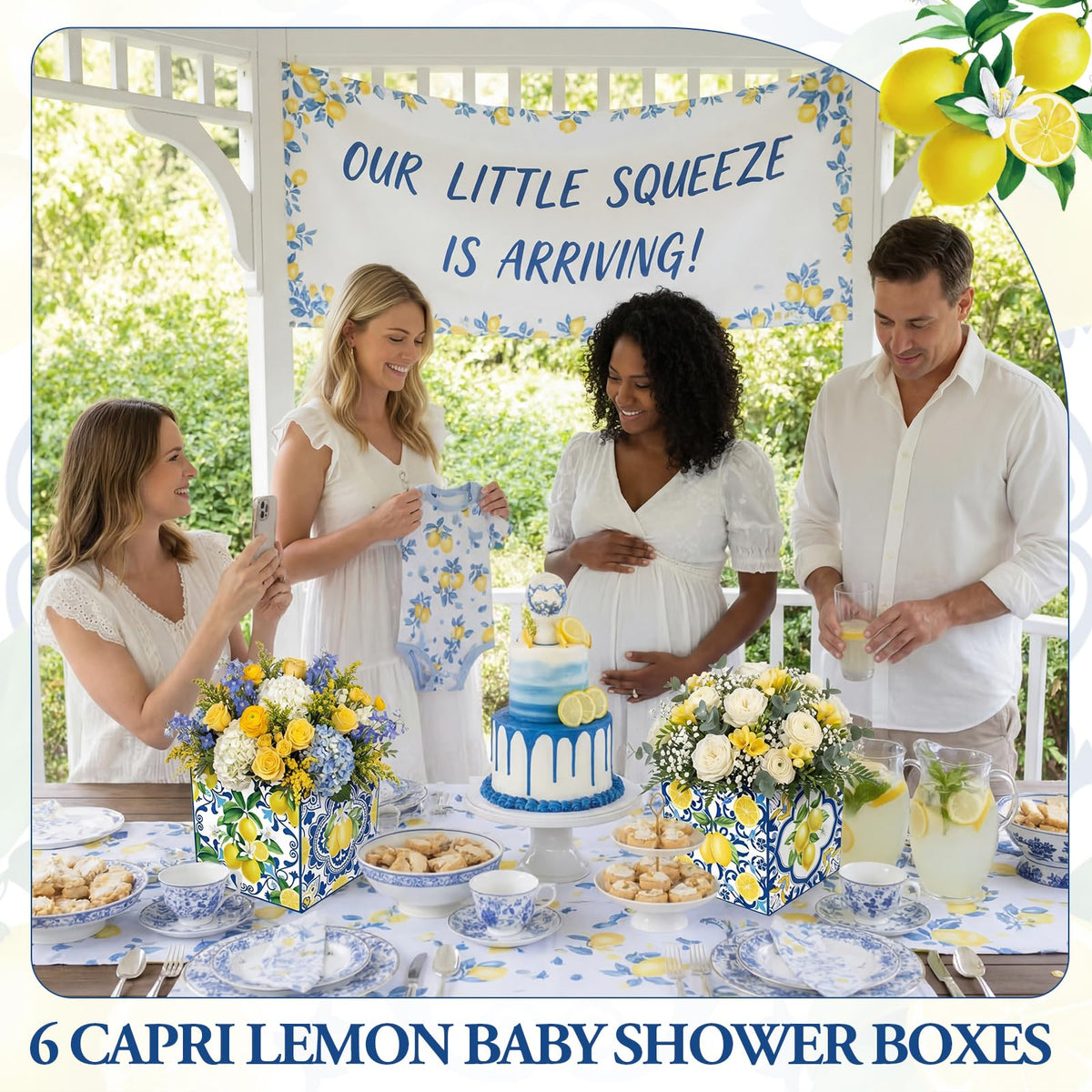 Baby shower setup using Capri lemon boxes as centerpieces.