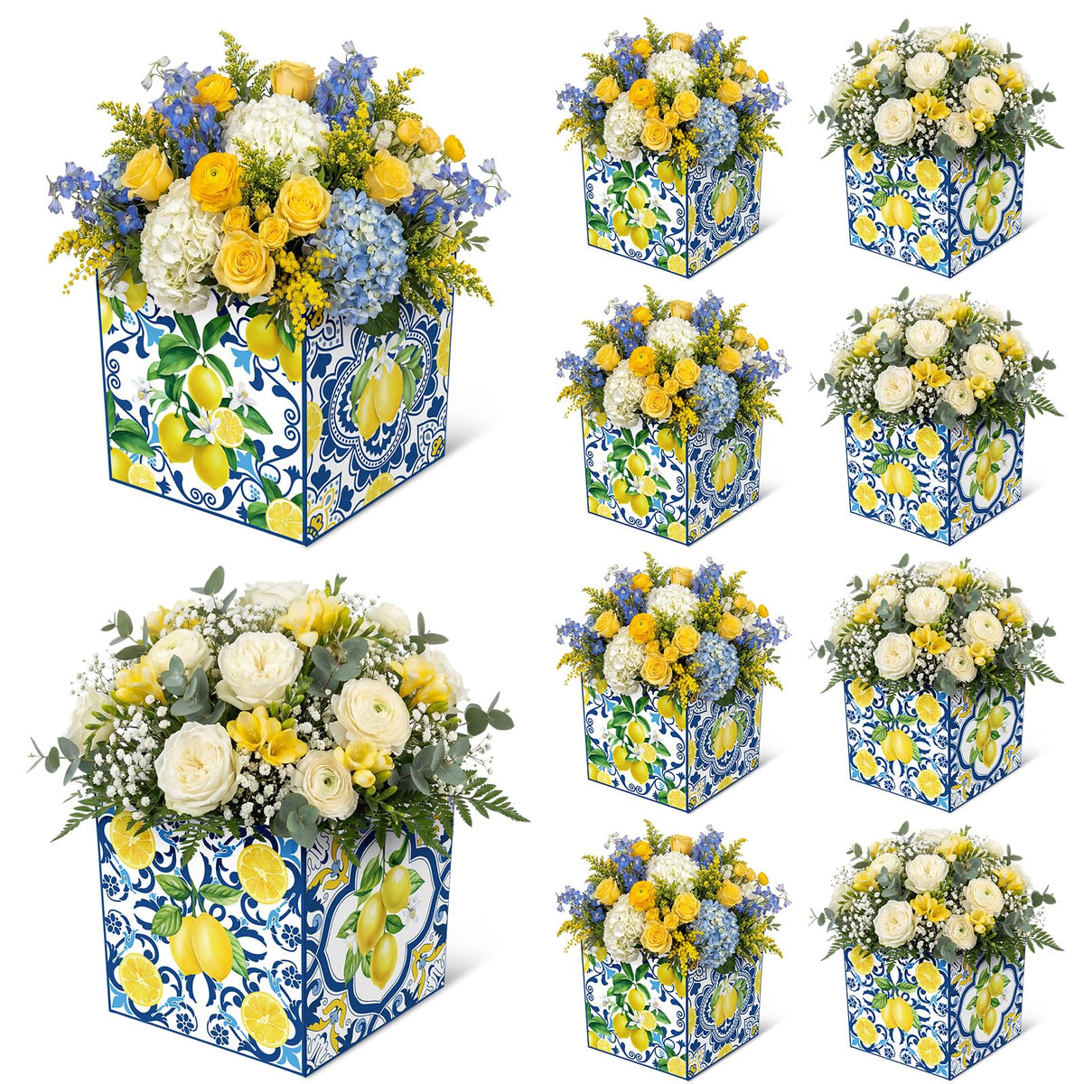 Gilprop Capri Lemon centerpiece boxes with blue tile design for event tables.