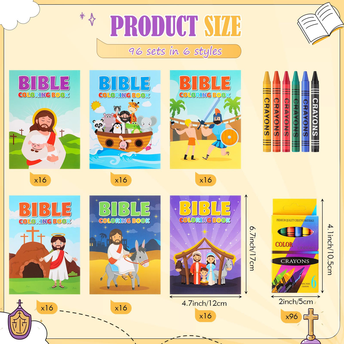 Gilprop coloring books with six cover designs for Bible stories and color variety.