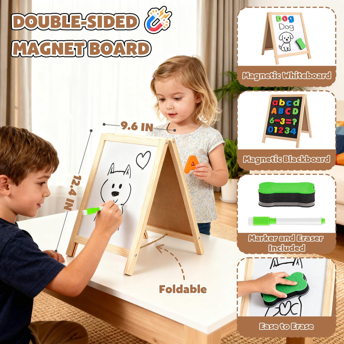 GINMIC double-sided magnetic board enables chalkboard and whiteboard activities