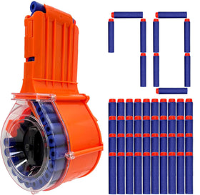 GINZZHI 25-round drum magazine attached to Nerf Elite blaster for extended gameplay