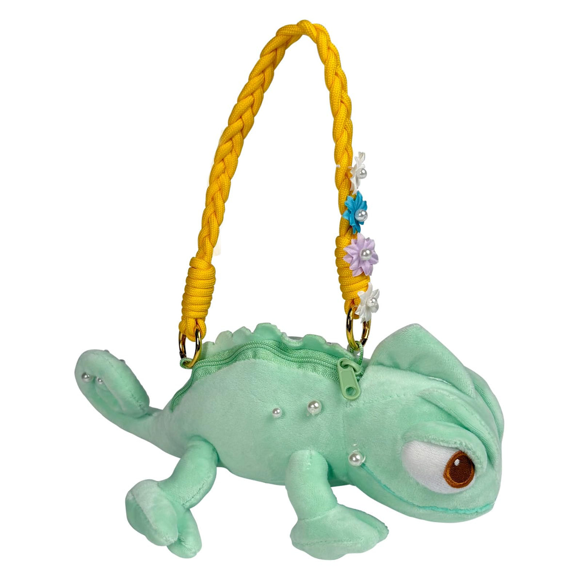 Giozakos chameleon-shaped plush purse side angle highlighting pearl accents and whimsy.