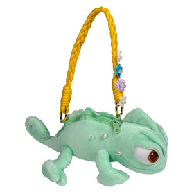 Giozakos chameleon-shaped plush purse side angle highlighting pearl accents and whimsy.