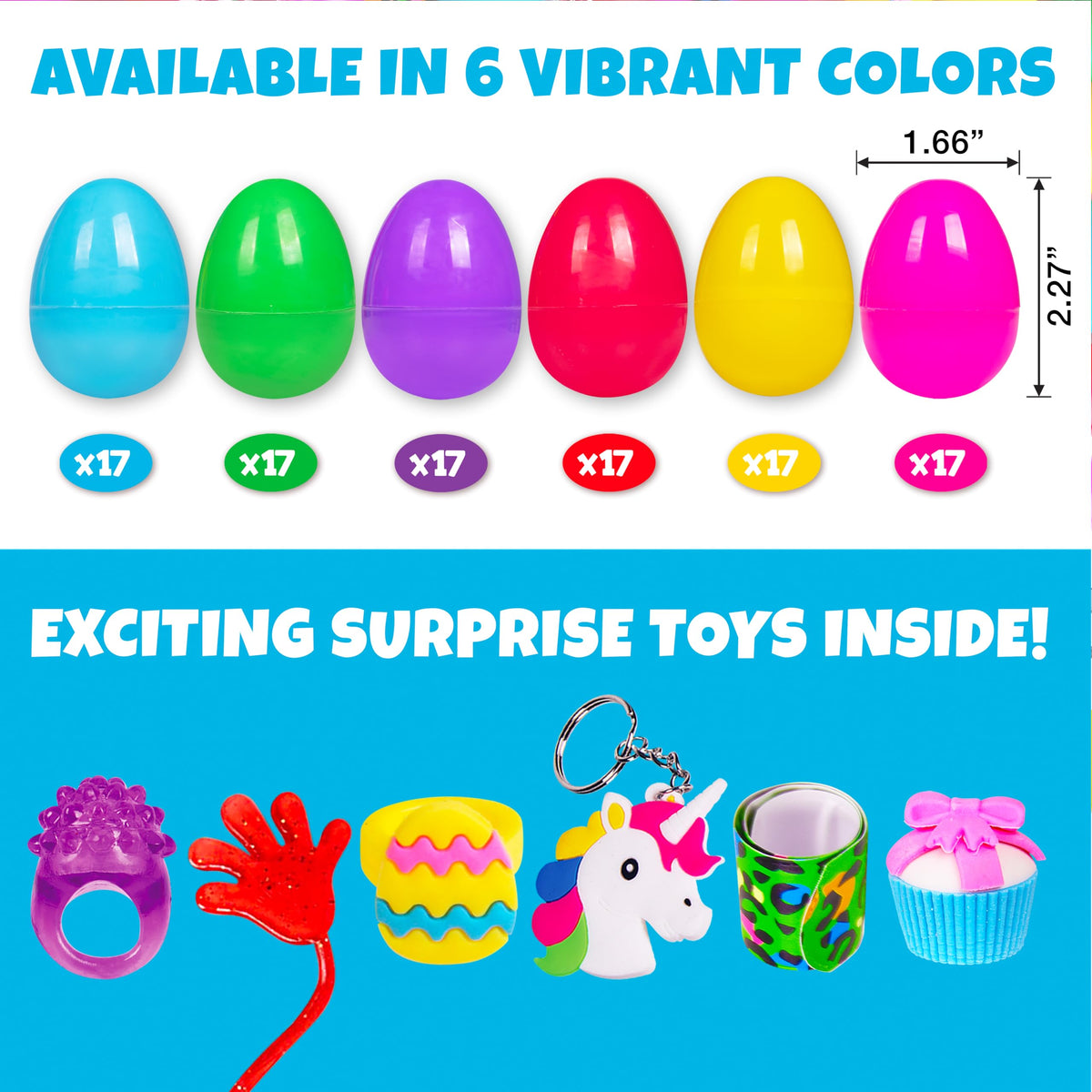 Prefilled eggs with toys, including slap bracelets, from Giraffe Manufacturing