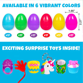 Prefilled eggs with toys, including slap bracelets, from Giraffe Manufacturing