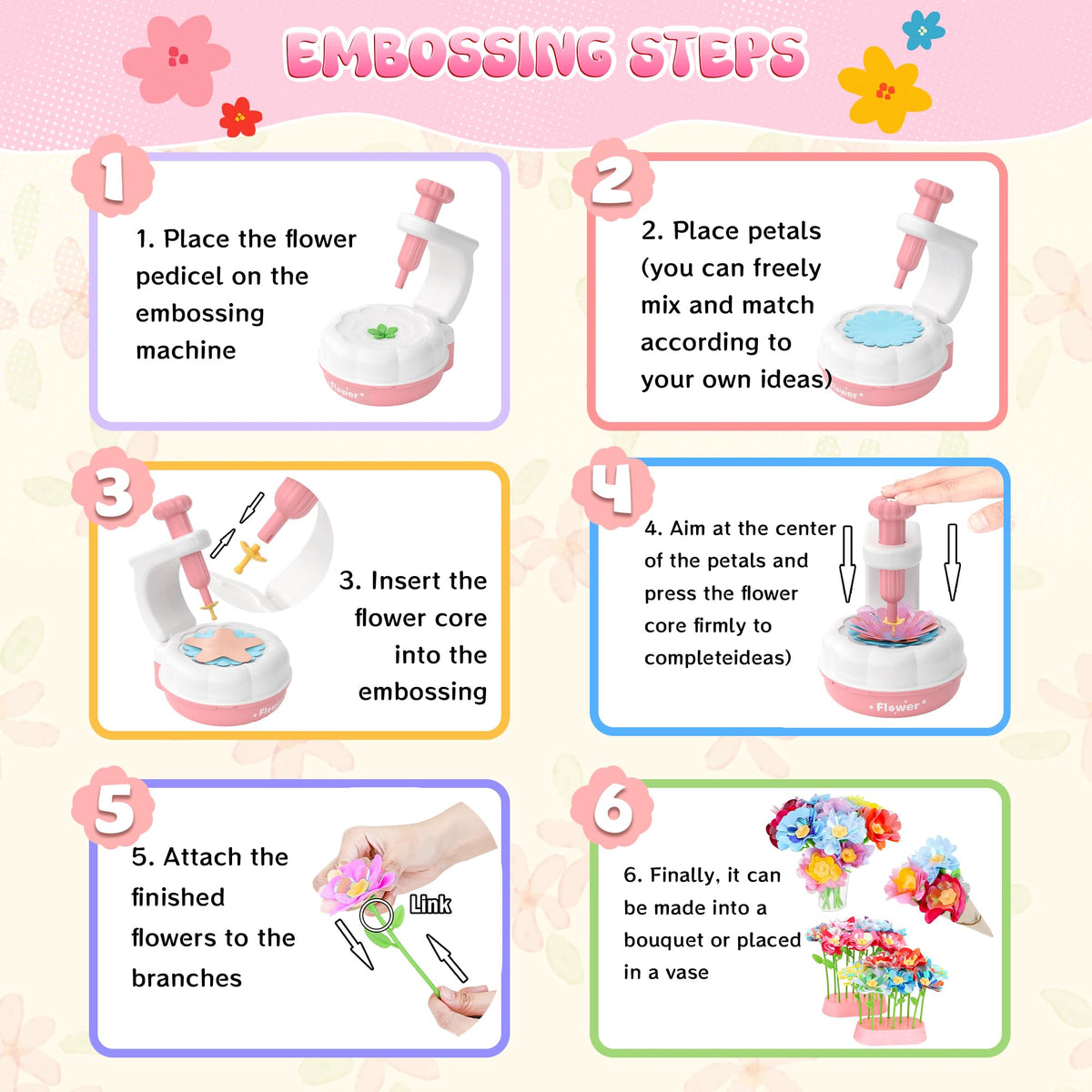GirlsHome illustrated tutorials guide embossing and assembly for confident at-home play.