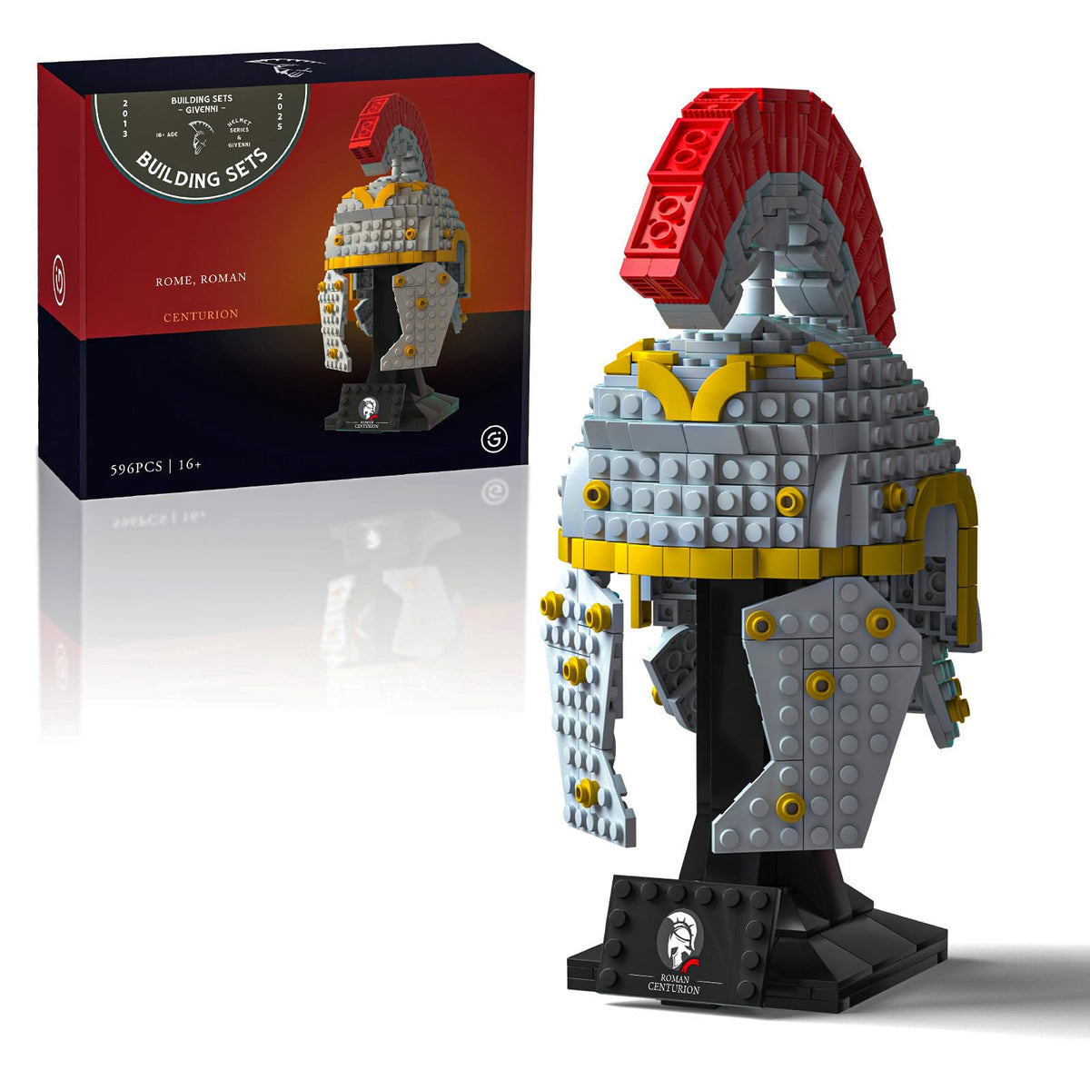 Givenni Roman Centurion Helmet Buildset with stand and nameplate for striking display.