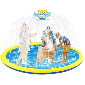Giveuplay 107 inch splash pad for kids and pets with a large cooling play area.