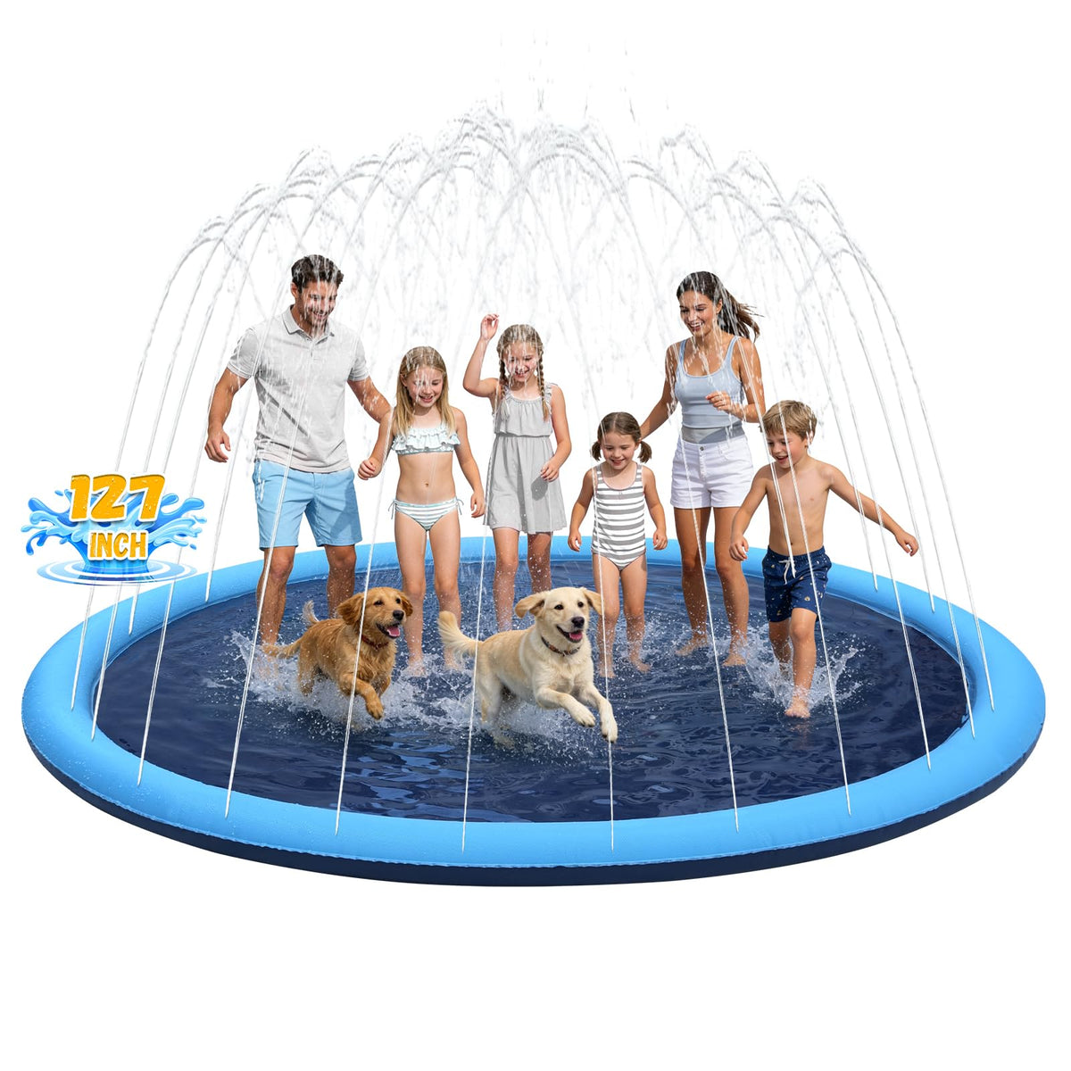 Giveuplay 127-inch splash pad assembly enables quick backyard setup for family play.