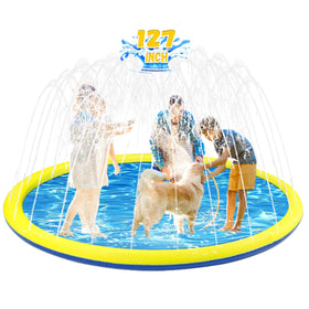Giveuplay 127-inch splash pad in use, kids and dogs enjoy cooling water fun