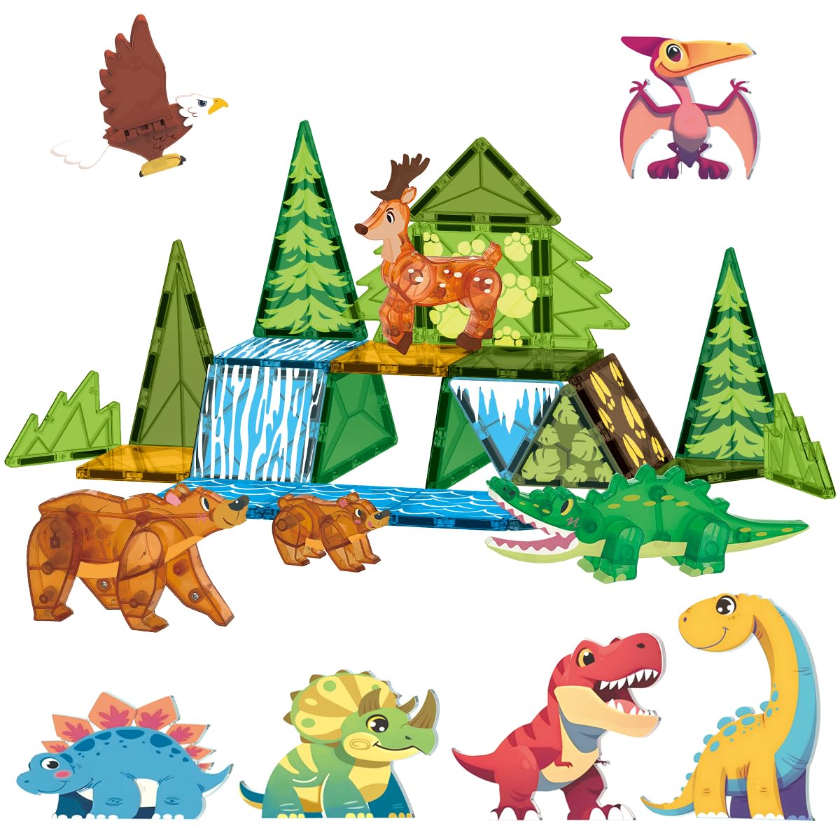 Givzan animals and dinosaurs tiles set close-up reveals bright colors for imaginative play and early STEM exploration.