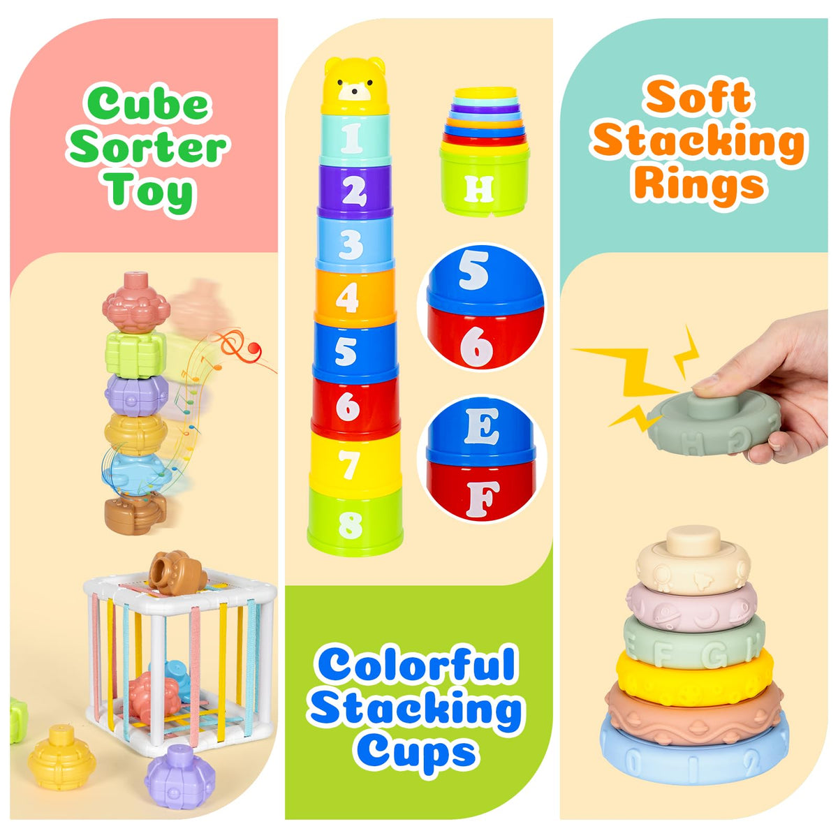 GJOF2YK pull string toy with color cords offers tactile engagement and teething reassurance.