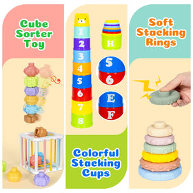 GJOF2YK pull string toy with color cords offers tactile engagement and teething reassurance.