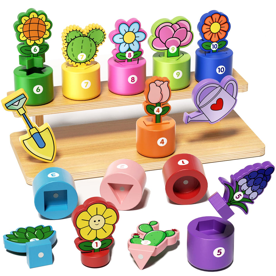 GJZZ wooden pretend play flower garden stand promotes imaginative play and early color learning.