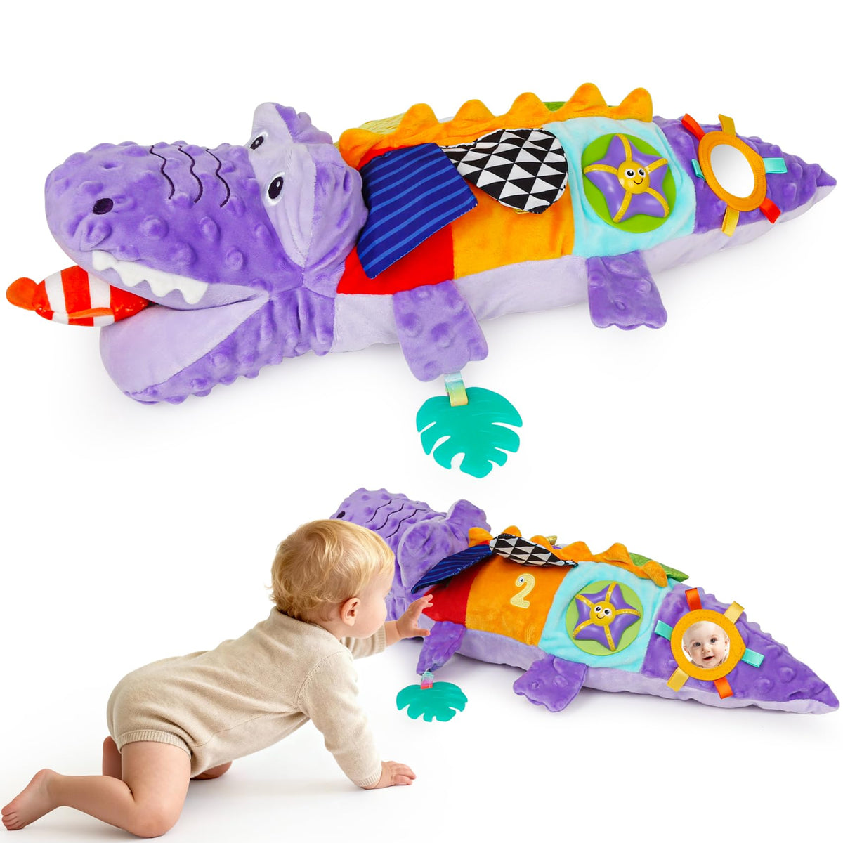 GKDOMS purple crocodile plush sensory toy offers soft textures for tactile exploration.