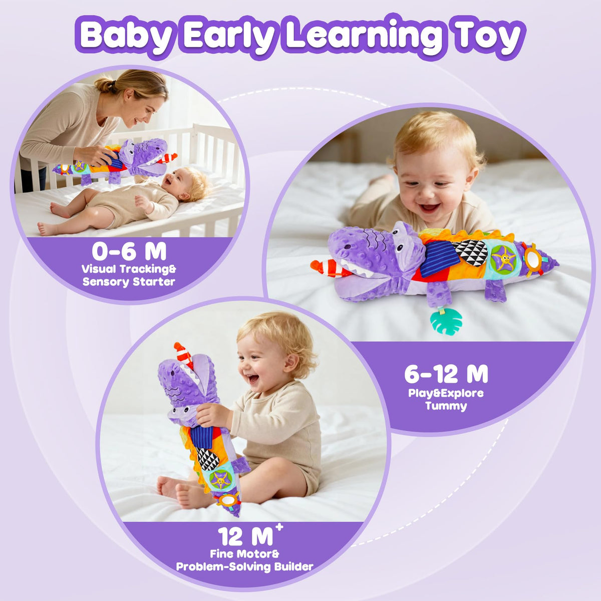 GKDOMS soft plush crocodile for tummy time is portable and easy to clean.