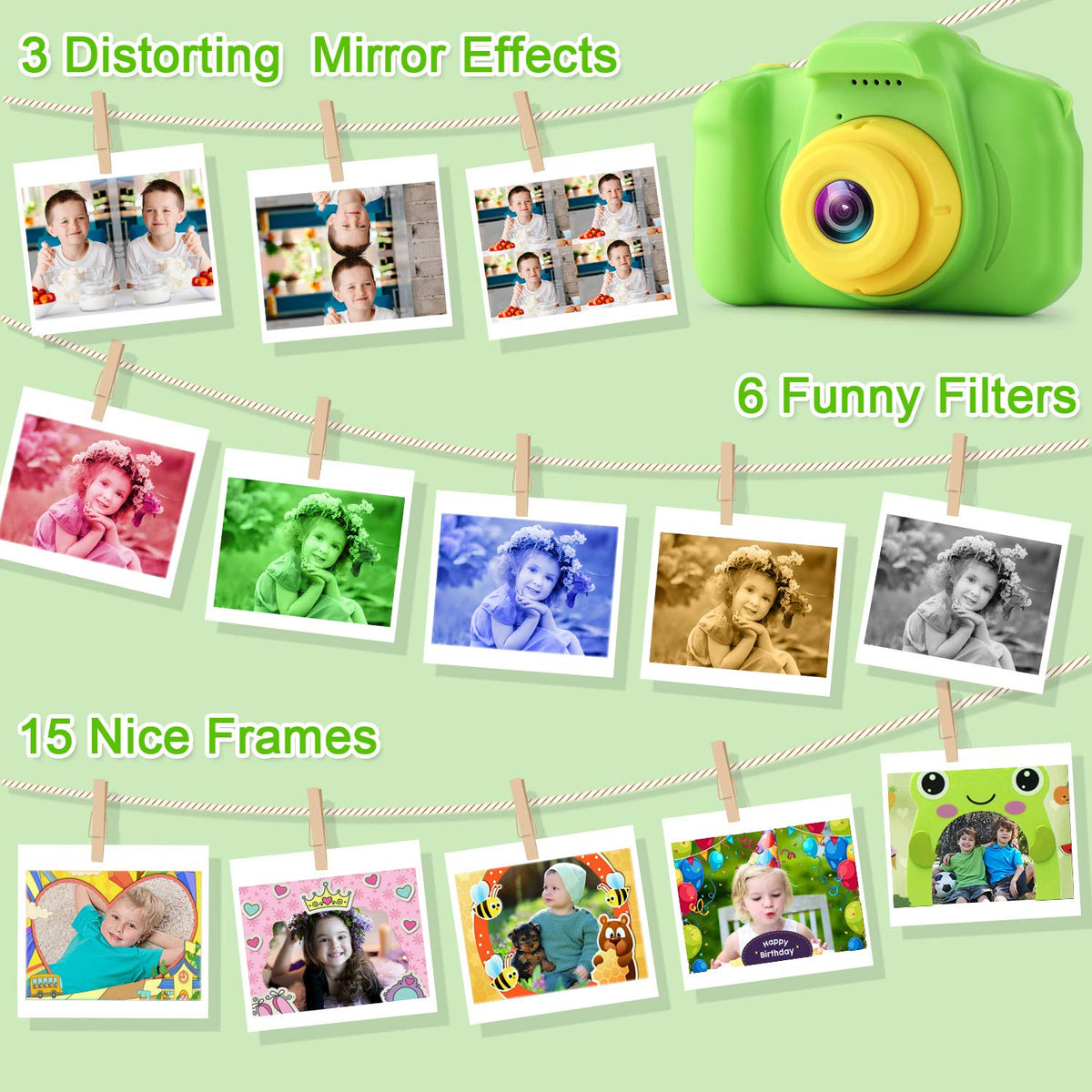 GKTZ Kids Camera Green 2-inch IPS screen enables clear viewing