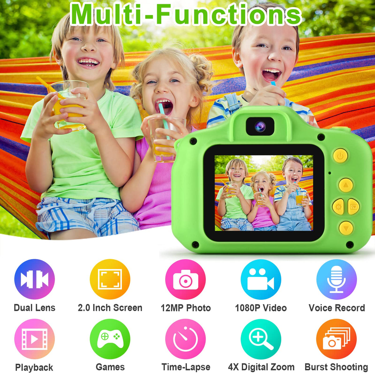 GKTZ Kids Camera Green back view with 2-inch IPS screen for easy preview