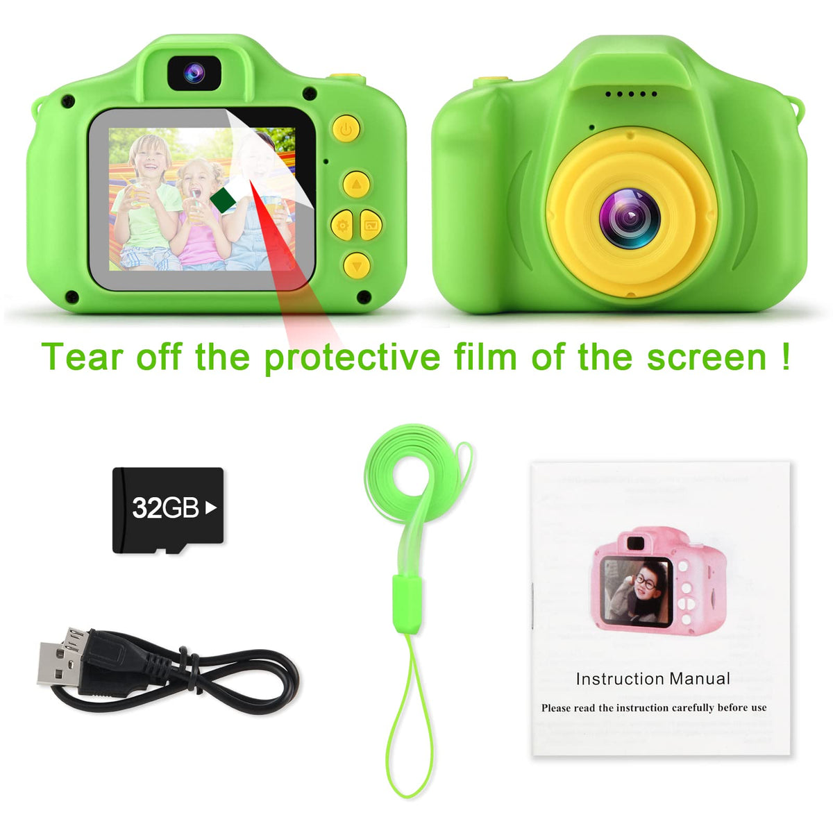 GKTZ Kids Camera Green box contents include 32GB card