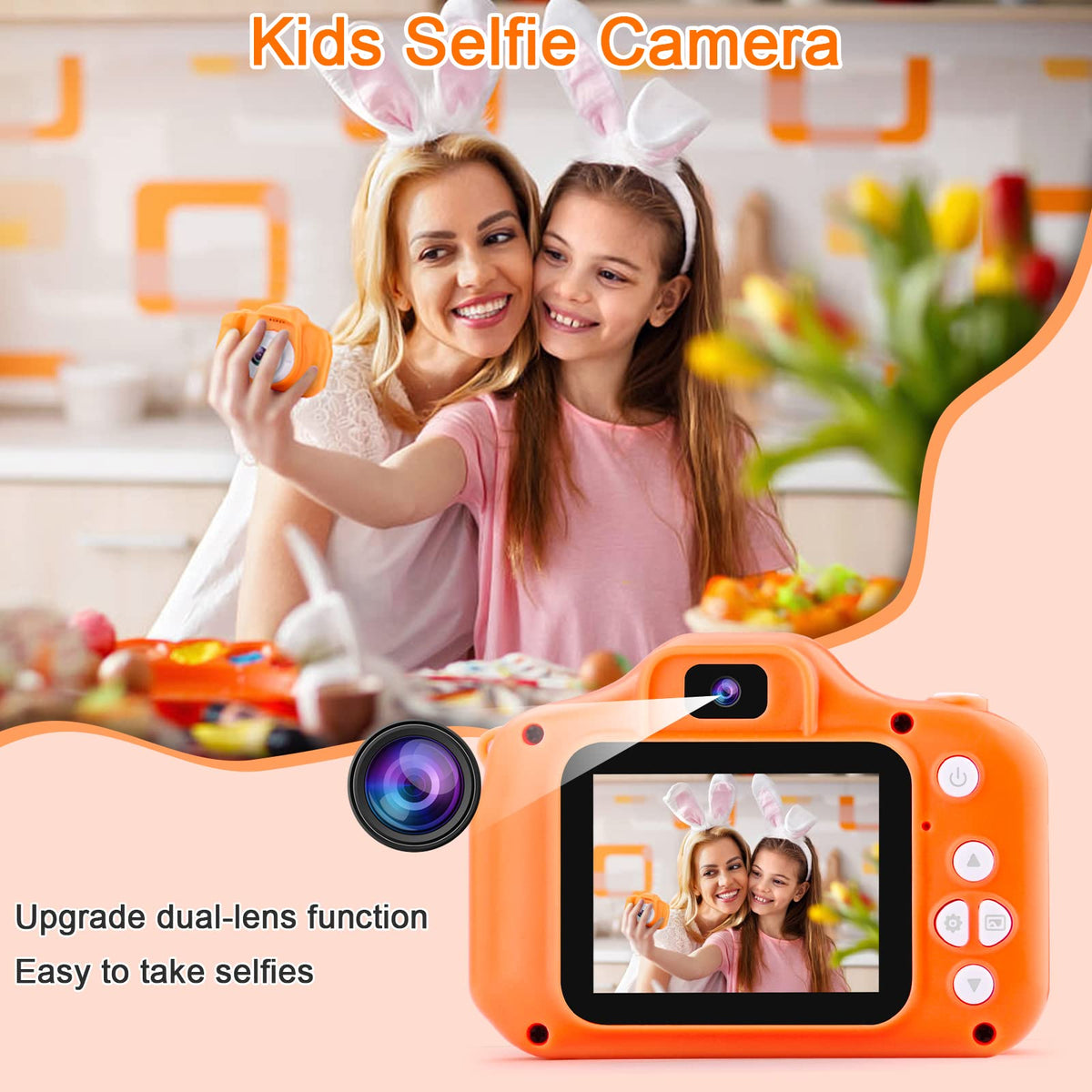 GKTZ orange kids camera with 2-inch IPS screen for easy viewing.