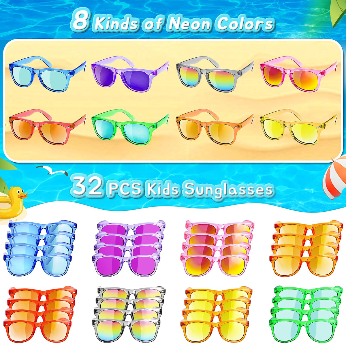 GKTZ kids sunglasses color variety shows eight neon lens colors for party looks.