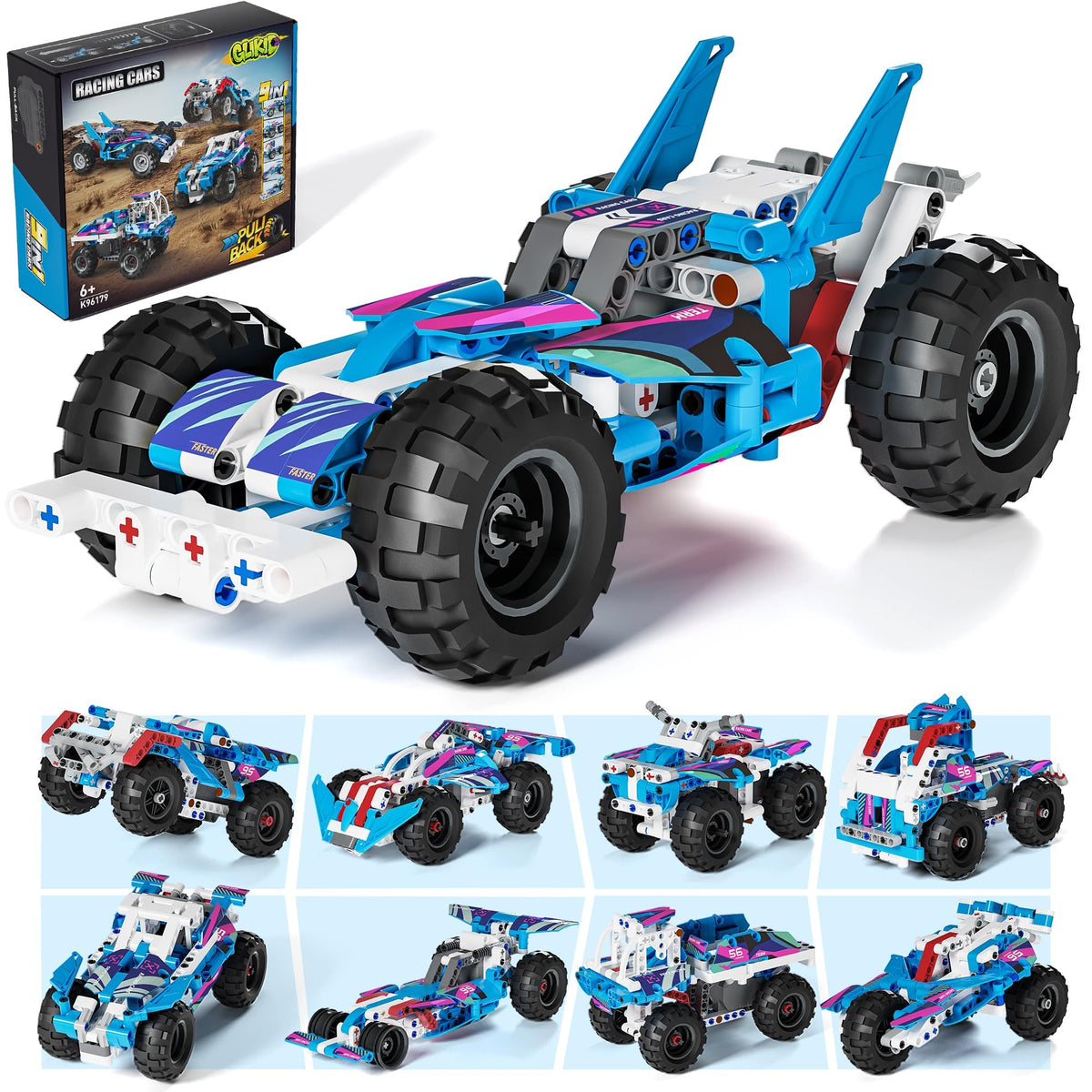 Glikid Technic 9-in-1 pull-back car on a table for fast action play