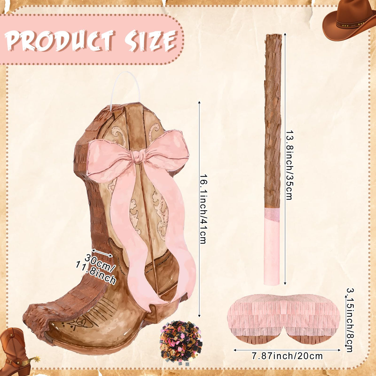 Glimin Bow Cowgirls pinata side view shows pink brown theme