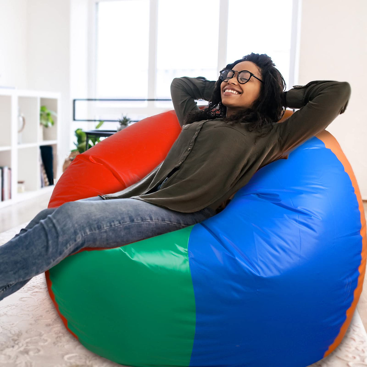 Glimin deflated rainbow ball stored compactly after use.