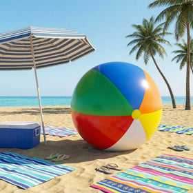 Glimin rainbow beach ball used as a party prop at an event.