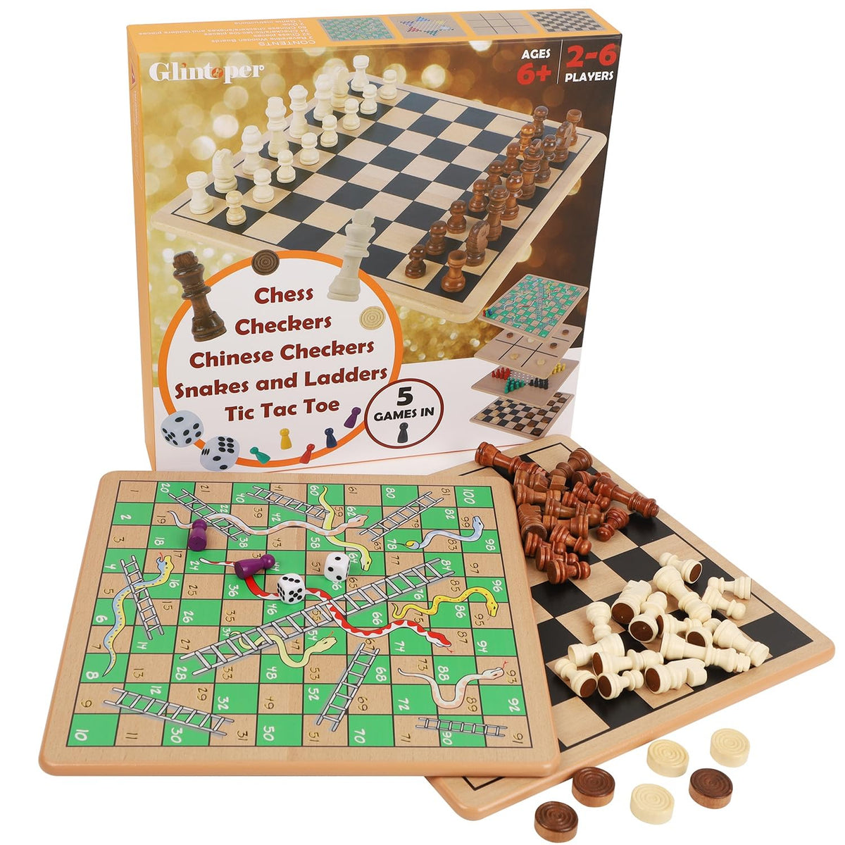 Glintoper 5-in-1 wooden board with reversible boards for quick game changes