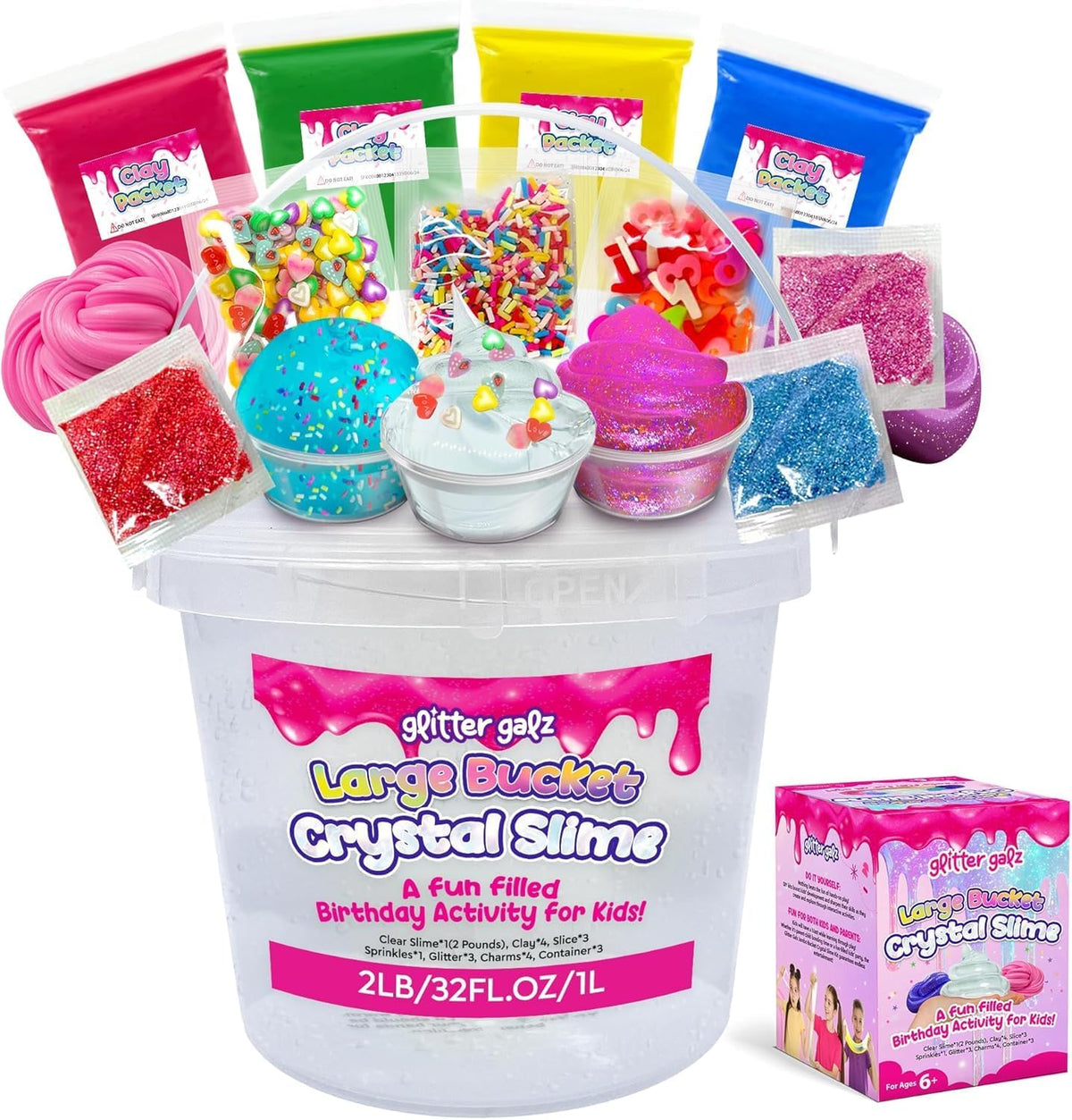Glitter Galz crystal clear 2lb slime bucket for group play.