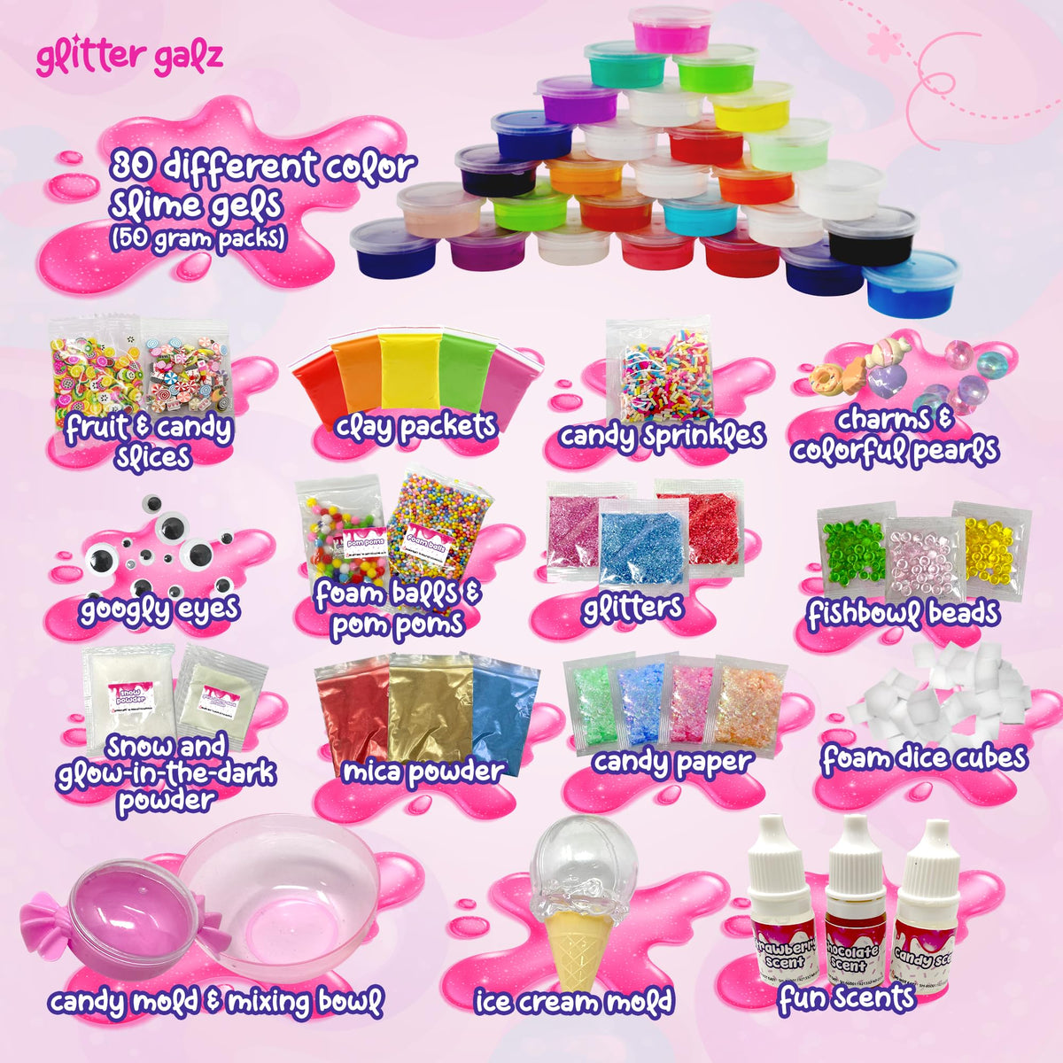 Glitter Galz non-sticky slime texture for mess-free, ASMR-friendly play.