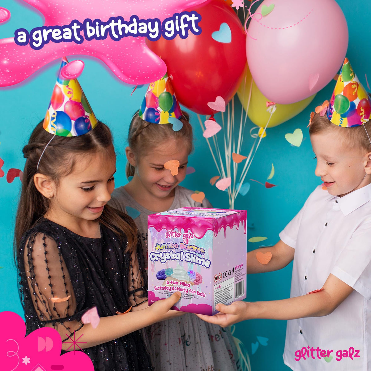 Glitter Galz reusable slime bucket keeps supplies organized for future sessions.