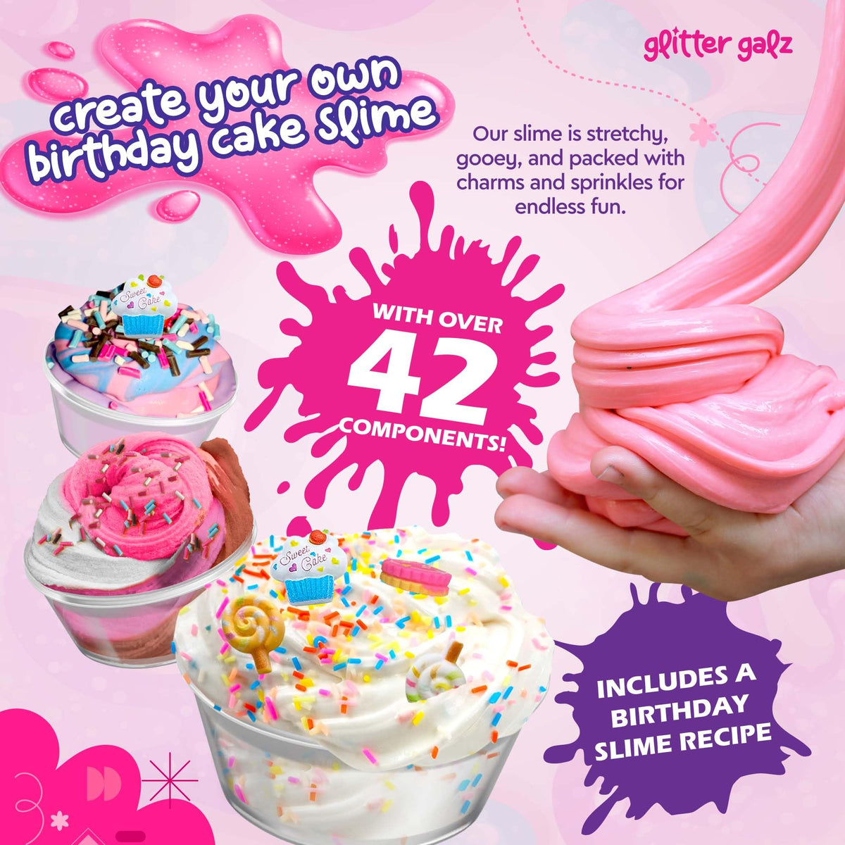 Glitter Galz mix-ins and charms for vibrant slime creations.