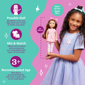 Glitter Girls Bluebell with long brown hair—easy to style for creative outfits.