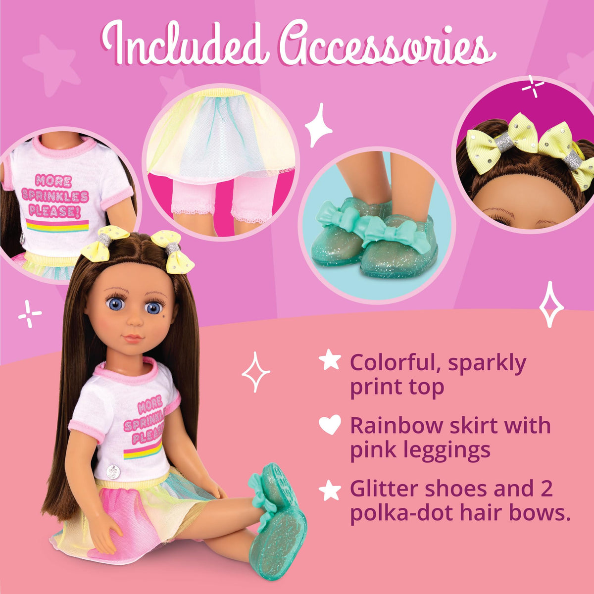 Kika rainbow skirt with pink leggings supports mix-and-match fashion play.