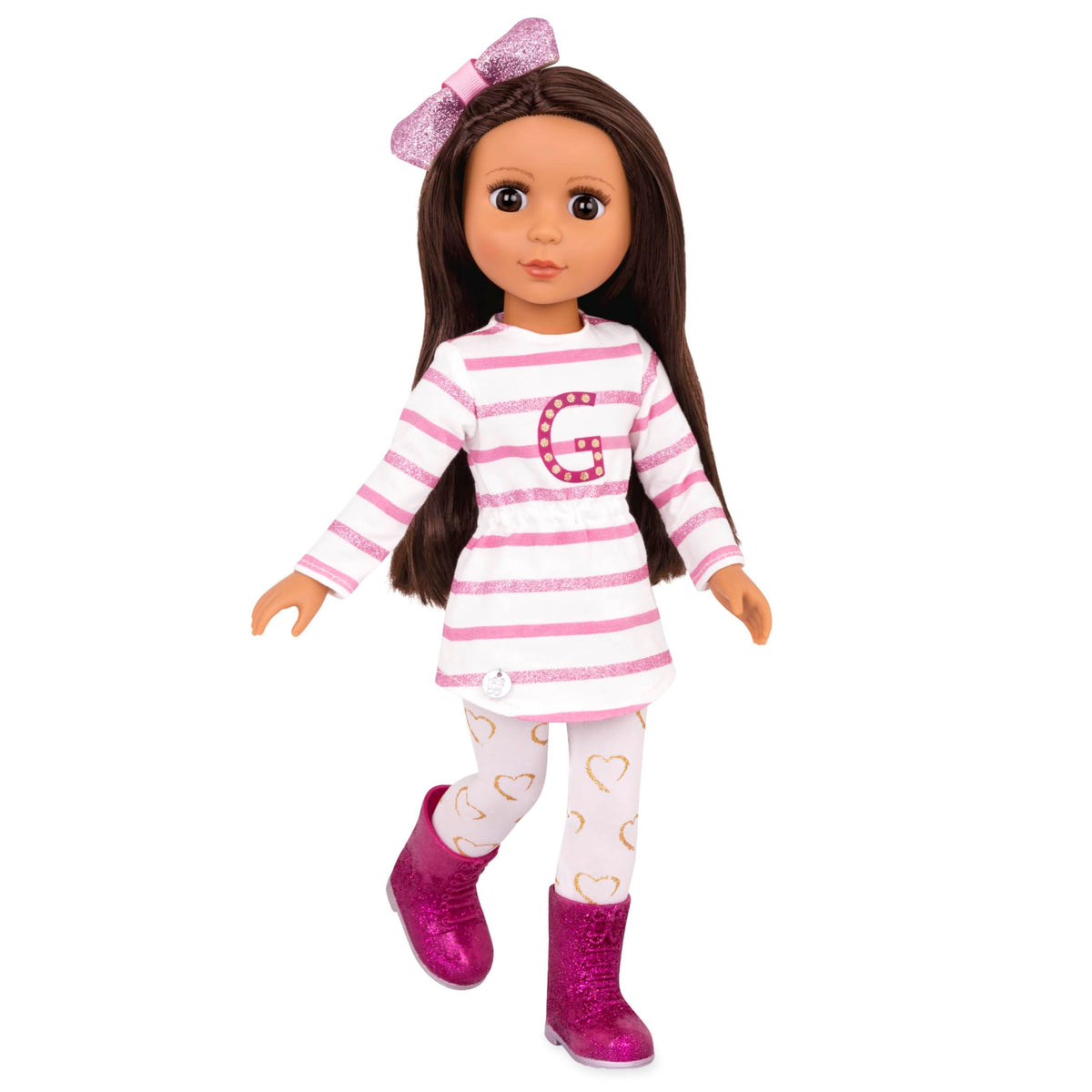 Glitter Girls Sarinia doll front view shows brown hair and eyes for imaginative play
