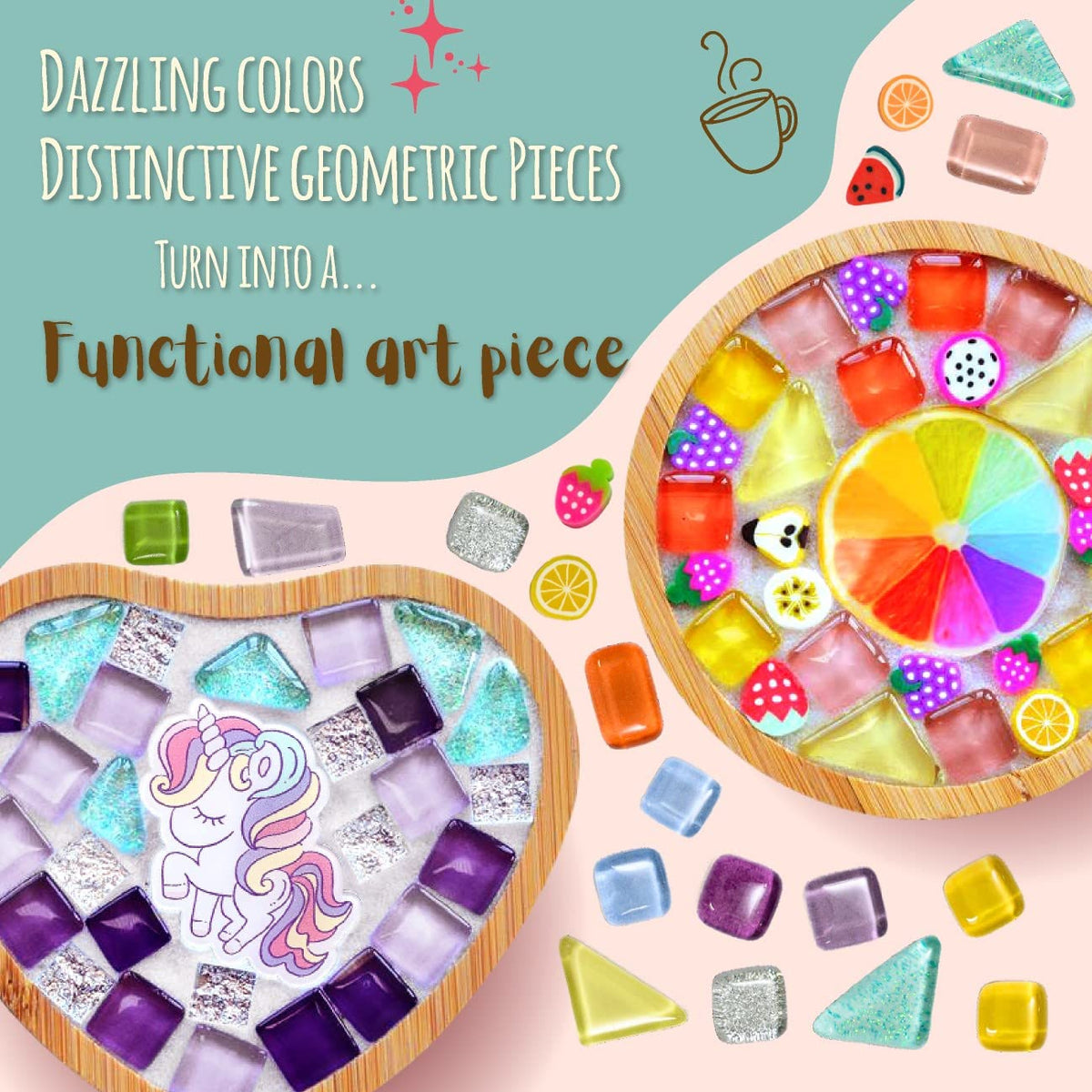 Glittery Garden rainbow heart coaster mosaic, ideal for kid-friendly craft time.