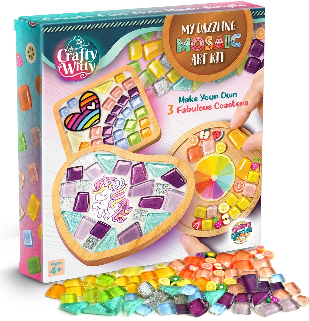 Glittery Garden unicorn coaster mosaic, a fun family activity to decorate desks.