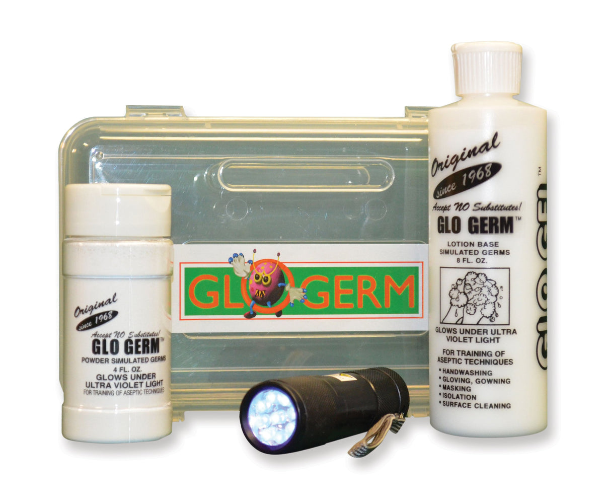 GLO GERM experiment kit gel bottle under UV reveals germs for hand-washing lessons
